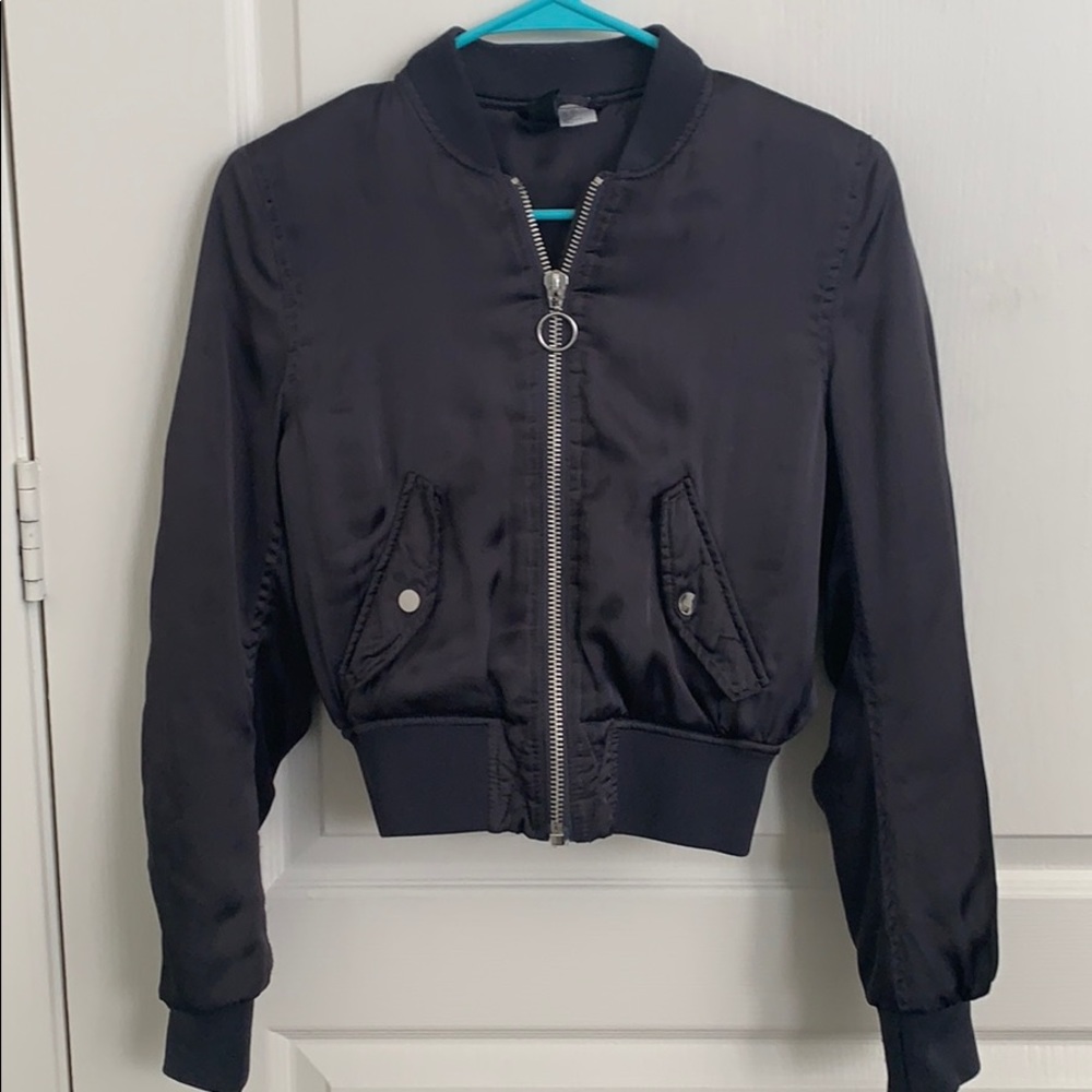 DIVIDED Dark Gray Cropped Satin Bomber Jacket 💣